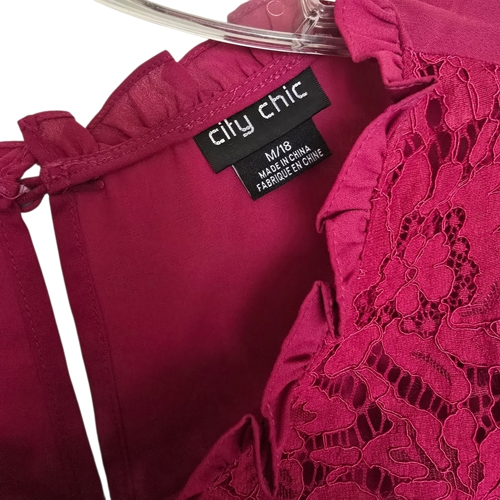 City Chic Women's Magenta Lace Ruffle Sleeveless Blouse - Picture 3 of 4